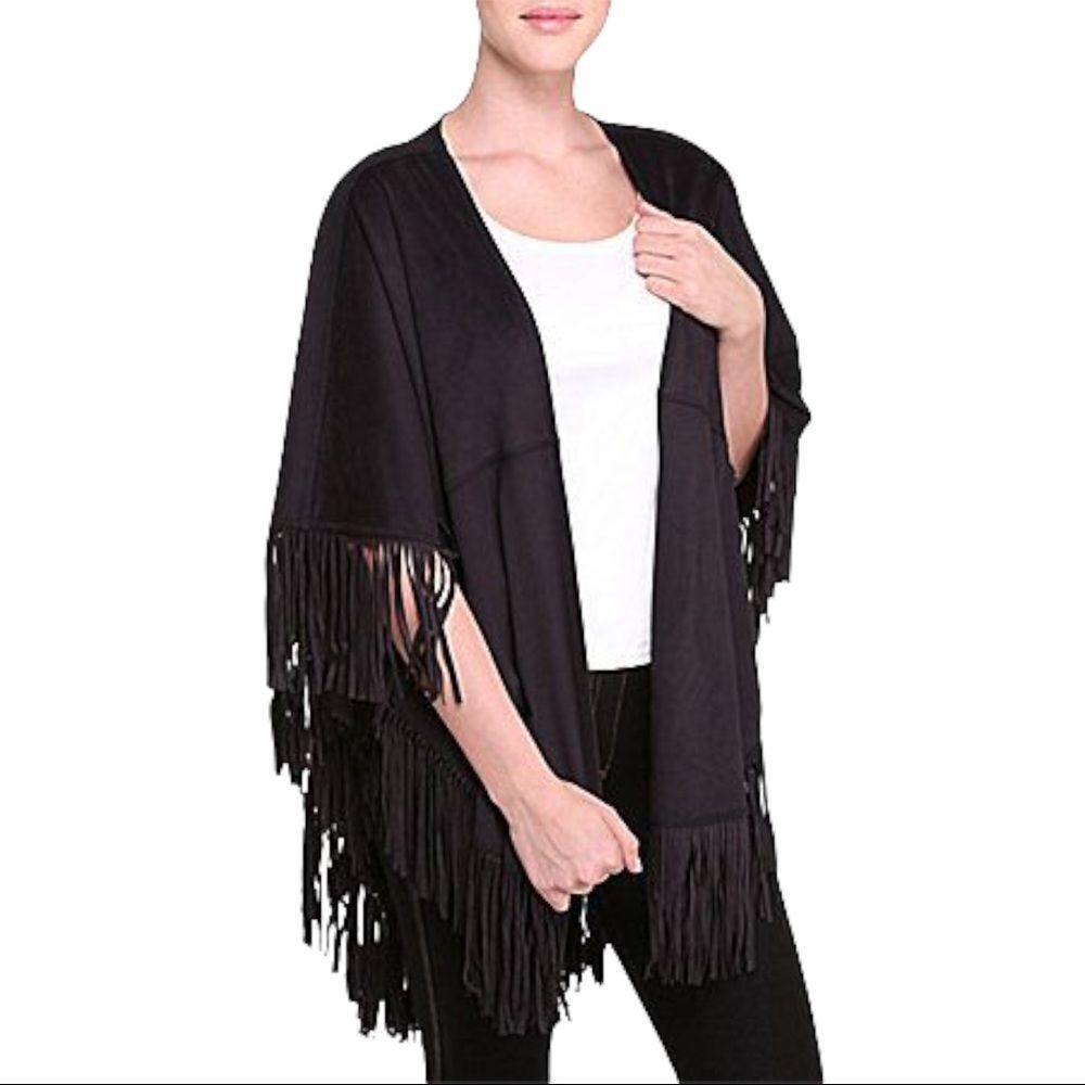 NYGARD Black Faux Suede Fringe Wrap Shawl OS